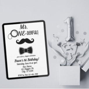 Mr. ONE-derful moustache and bowtie 1st birthday Invitation