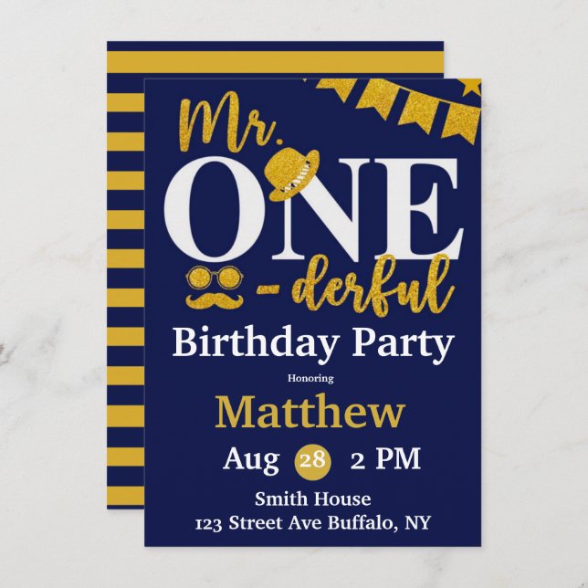 Mr. One-derful Navy and Gold Birthday Party Invita Invitation (Front/Back)