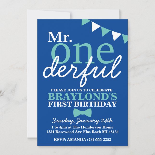 Mr Onederful 1st Birthday Changeable Colours Invitation (Front)