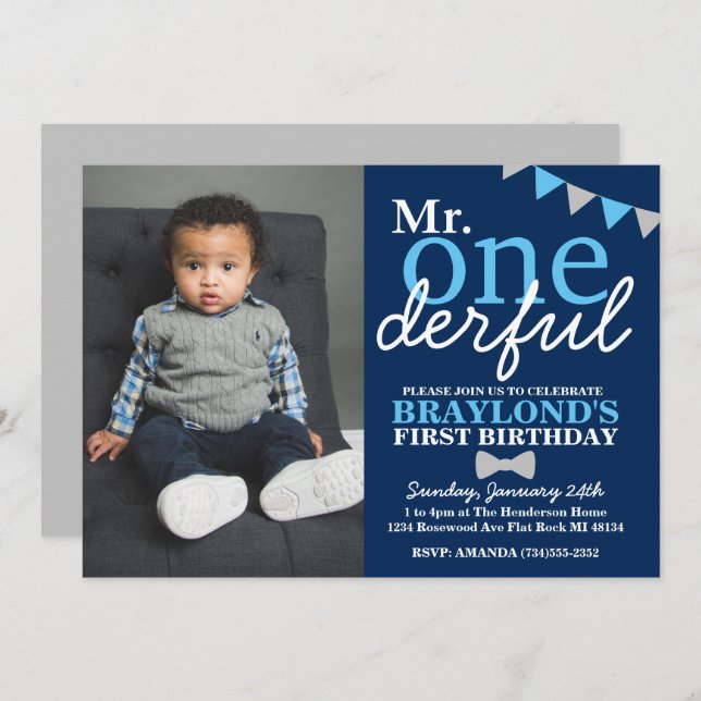 Mr Onederful 1st Birthday Changeable Colours Photo Invitation (Front/Back)