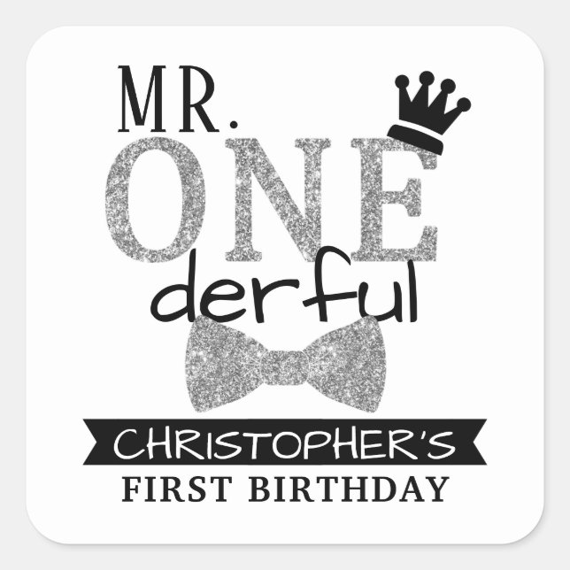 Mr. ONEderful 1st Birthday Party Favour Square Sticker (Front)