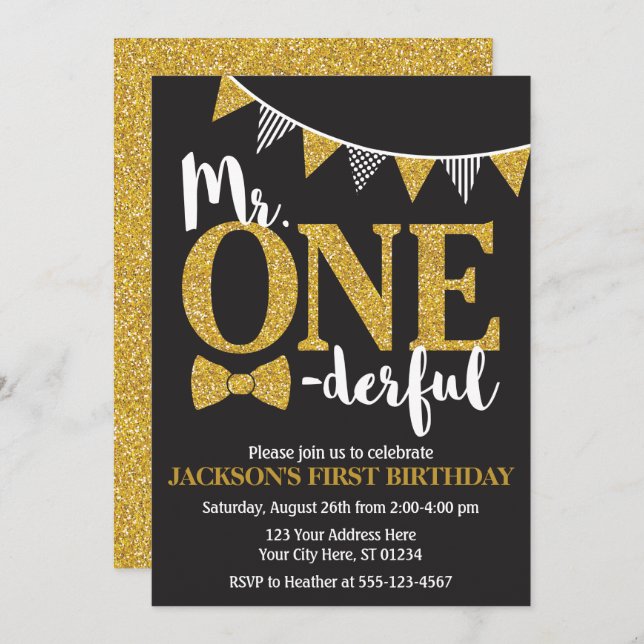 Mr. ONEderful Birthday Invitation | Black and Gold (Front/Back)