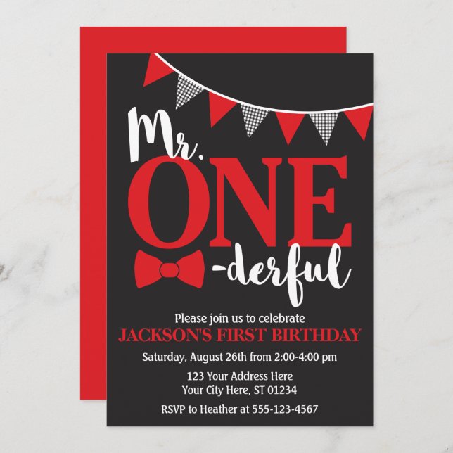 Mr. ONEderful Birthday Invitation | Black and Red (Front/Back)