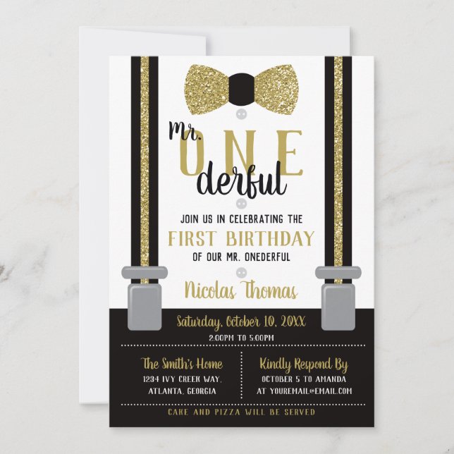 Mr. ONEderful Birthday Invitation, Black, Gold Invitation (Front)