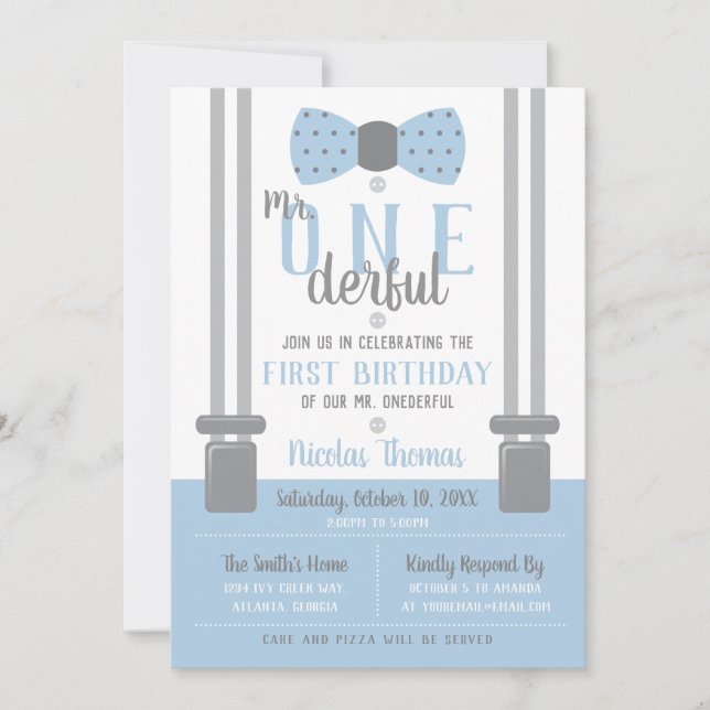 Mr. ONEderful Birthday Invitation, Blue, Grey Invitation (Front)