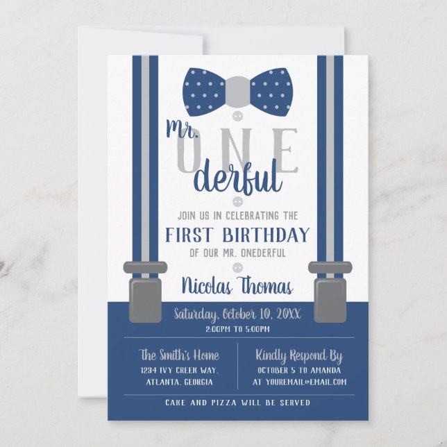 Mr. ONEderful Birthday Invitation, Blue, Grey Invitation (Front)