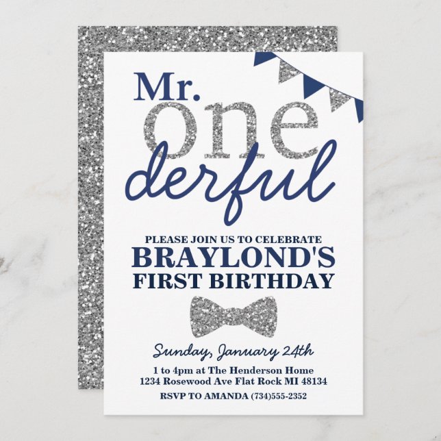 Mr Onederful Birthday Invitation, Blue & Silver Invitation (Front/Back)