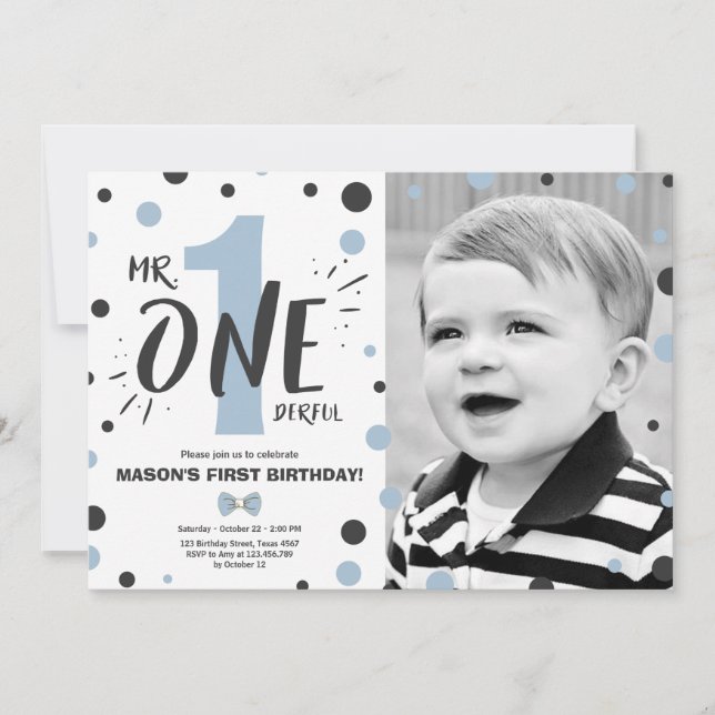 Mr onederful birthday invitation Boy Black blue (Front)
