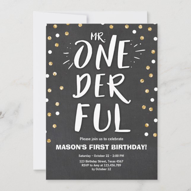 Mr onederful birthday invitation Boy Black Gold (Front)
