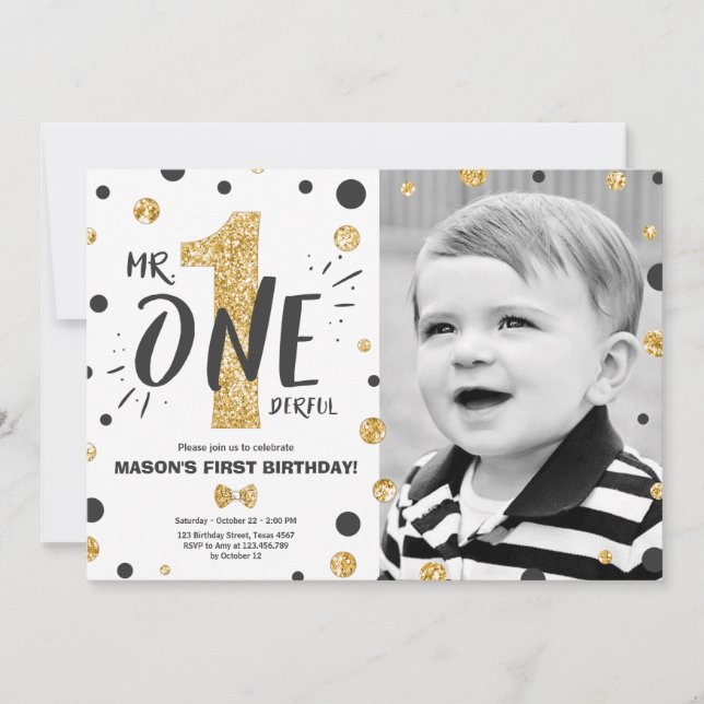 Mr onederful birthday invitation Boy Black Gold (Front)