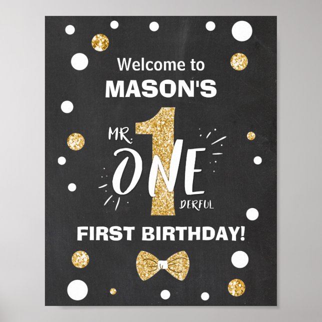 Mr Onederful Birthday Welcome Sign Boy Black Gold (Front)