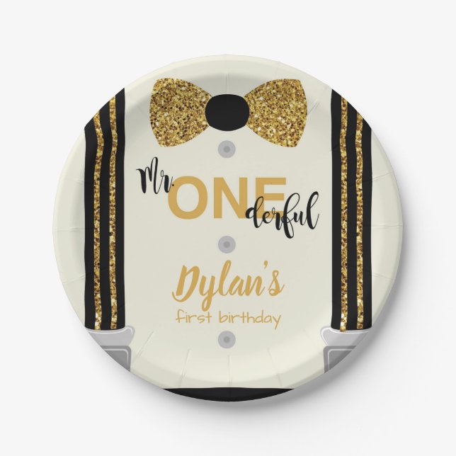 Mr Onederful black and gold bow tie Paper Plate (Front)