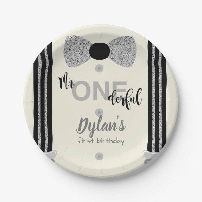 Mr Onederful black and silver bow tie Paper Plate (Front)