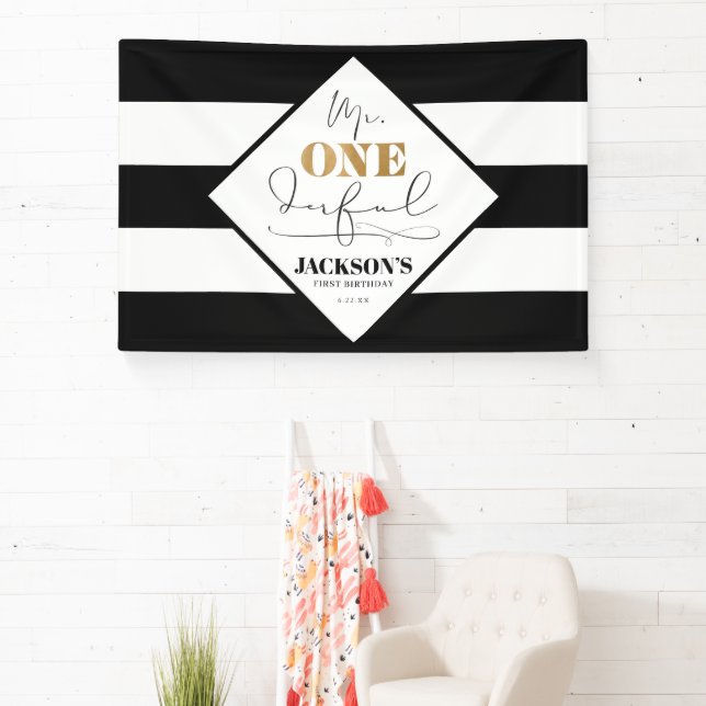 Mr. Onederful Black and White Striped Banner (Insitu)