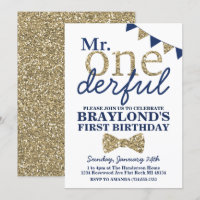 Mr Onederful Blue and Gold First Birthday Invitati