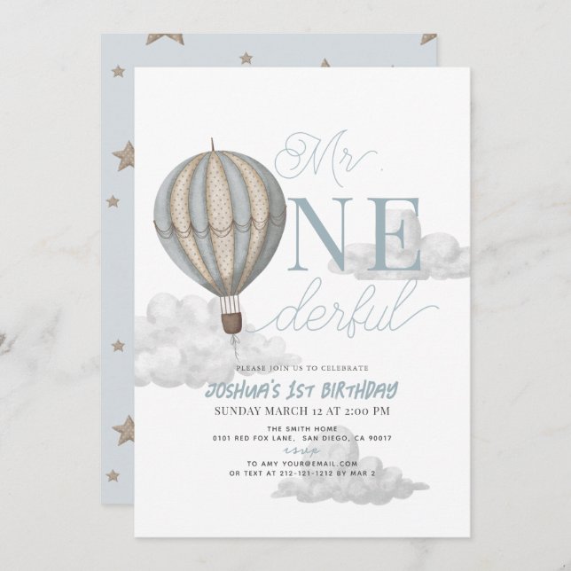 Mr. Onederful Blue Hot Air Balloon 1st Birthday Invitation (Front/Back)