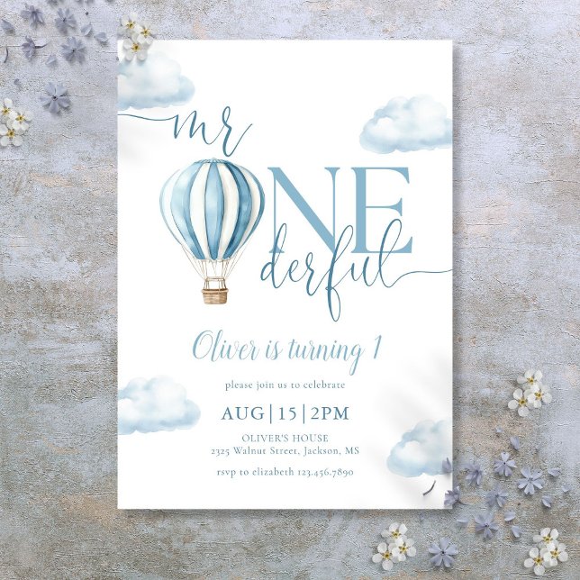 Mr Onederful Blue Hot Air Balloon Boy 1st Birthday Invitation (Mr Onederful Blue Hot Air Balloon Boy 1st Birthday Invitation)