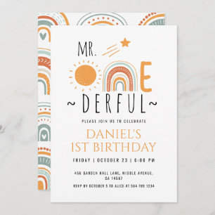 MR Onederful Boho Rainbow First Birthday Boy Invitation