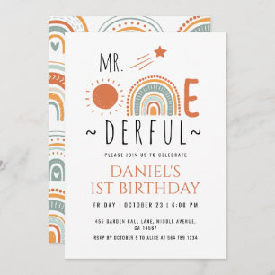 MR Onederful Boho Rainbow First Birthday Boy Invitation