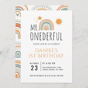 MR Onederful Boho Rainbow First Birthday Invitation