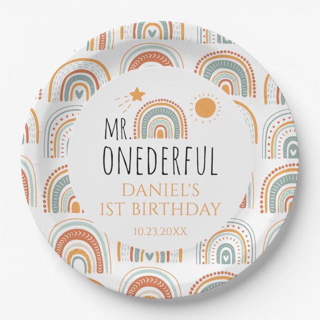 MR Onederful Boho Rainbow First Birthday  Paper Plate (Front)