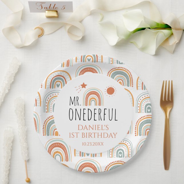 MR Onederful Boho Rainbow First Birthday  Paper Plate (Wedding)