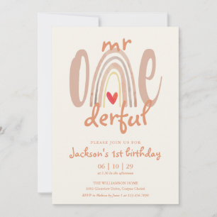 Mr Onederful Boho Rainbow Heart 1st Birthday Invitation