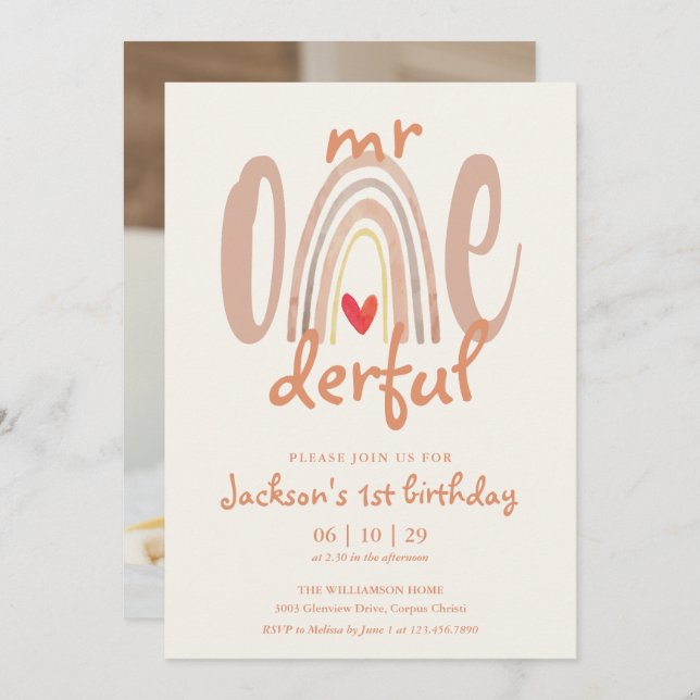 Mr Onederful Boho Rainbow Heart Photo 1st Birthday Invitation (Front/Back)