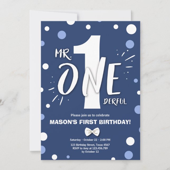 Mr Onederful Boy Royal Blue 1st Birthday Invitation (Front)