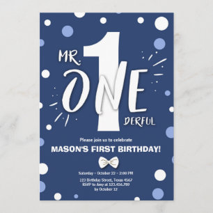 Mr Onederful Boy Royal Blue 1st Birthday Invitation