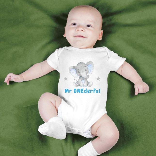 Mr Onederful First 1st Birthday Blue Boy Elephant Baby Bodysuit (Creator Uploaded)