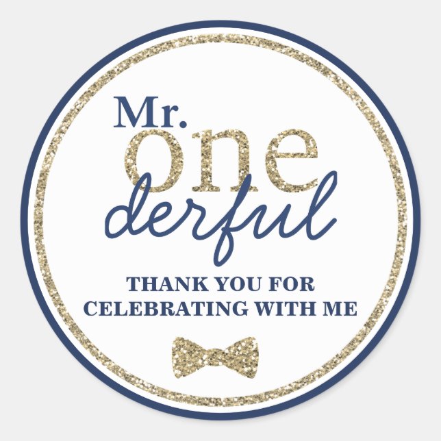Mr Onederful First Birthday Gold and Blue Classic Round Sticker (Front)