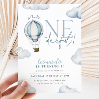 Mr ONEderful Hot Air Ballon Boy 1st Birthday Blue Invitation