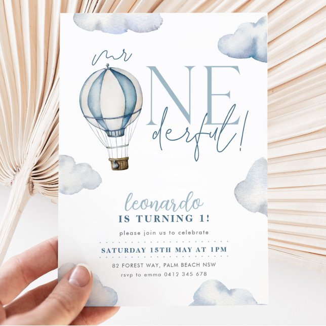 Mr ONEderful Hot Air Ballon Boy 1st Birthday Blue Invitation (Creator Uploaded)