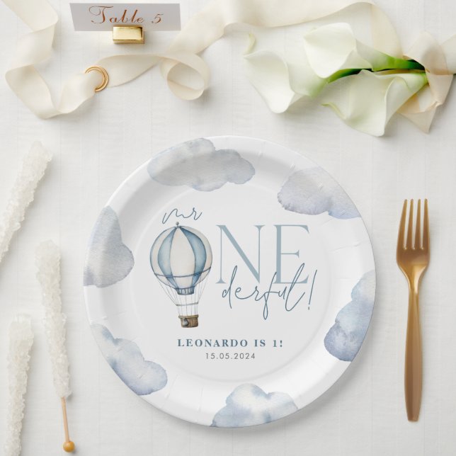 Mr ONEderful Hot Air Ballon Boy 1st Birthday Blue Paper Plate (Wedding)