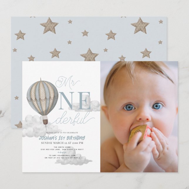 Mr. Onederful Hot Air Balloon 1st Birthday Photo Invitation (Front/Back)