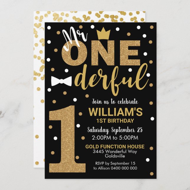Mr Onederful Invitation Black and Gold (Front/Back)