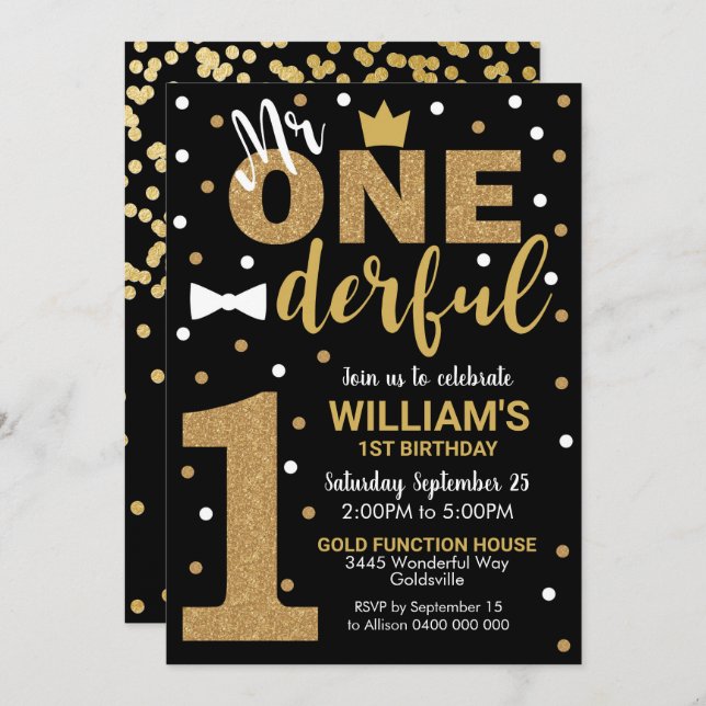 Mr Onederful Invitation Black and Gold (Front/Back)
