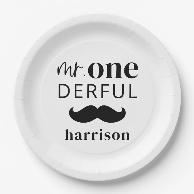 Mr Onederful Name with Moustache Paper Plate (Front)