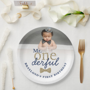 Mr Onederful Navy and Gold Birthday Paper Plates