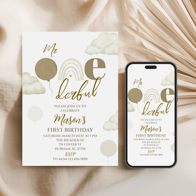 Mr ONEderful Neutral First Birthday Invitation (Creator Uploaded)