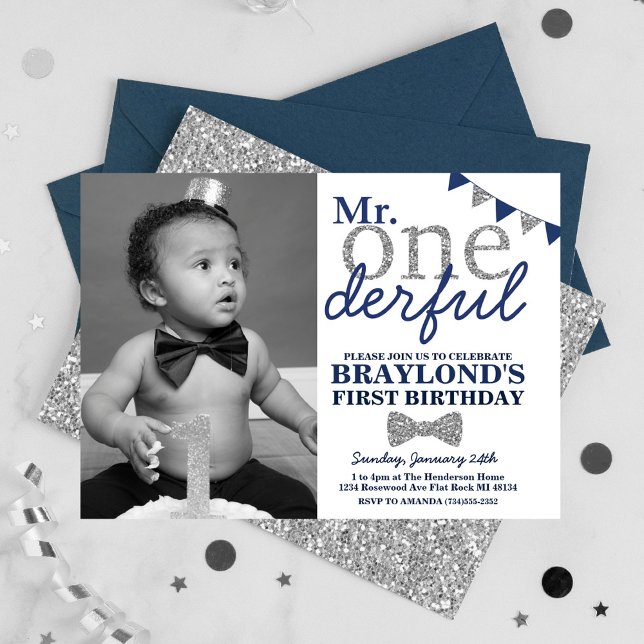 Mr Onederful Photo Invitation, Blue and Silver Invitation (Creator Uploaded)