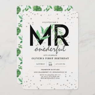 MR Onederful Tropical Greenery Modern 1st Birthday Invitation