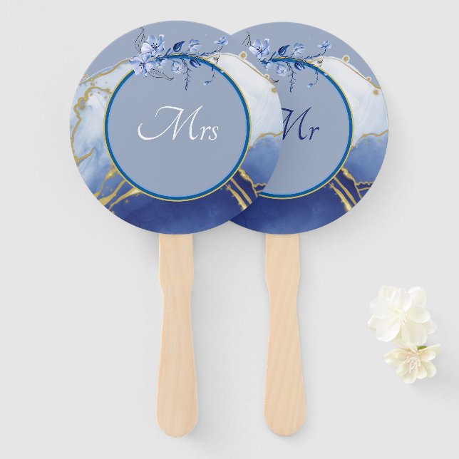 Mr or Mrs Modern Blue Aqua Marble Wedding Game Hand Fan (Front and Back)