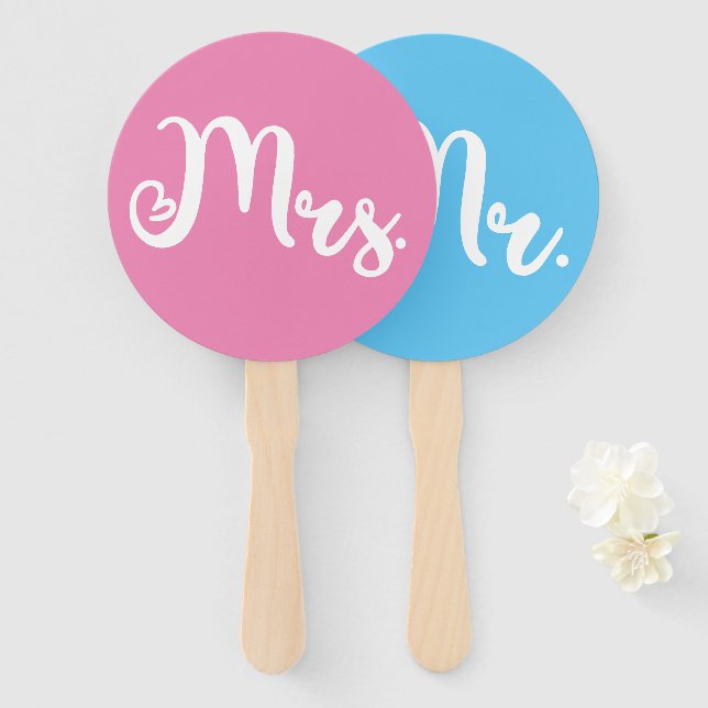 Mr or Mrs Pink Blue Bride Groom Wedding Game Hand Fan (Front and Back)