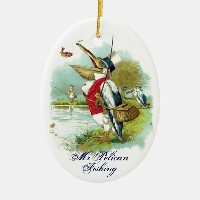 MR PELICAN FISHING CERAMIC TREE DECORATION (Front)