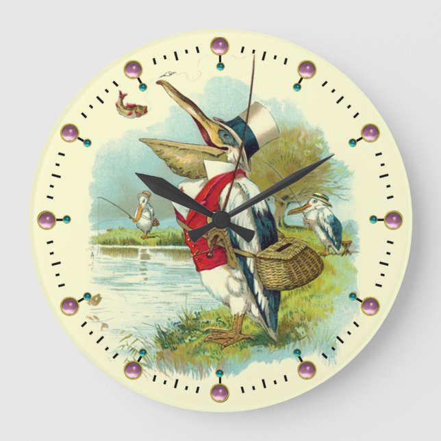 MR PELICAN FISHING ,Cream,Pink Gemstones Large Clock (Front)