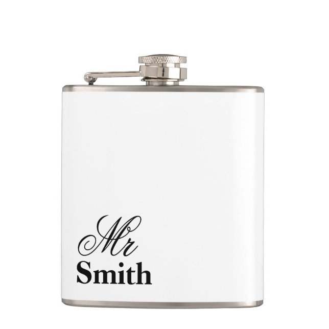 Mr Personalised Name White Black Hip Flask (Front)