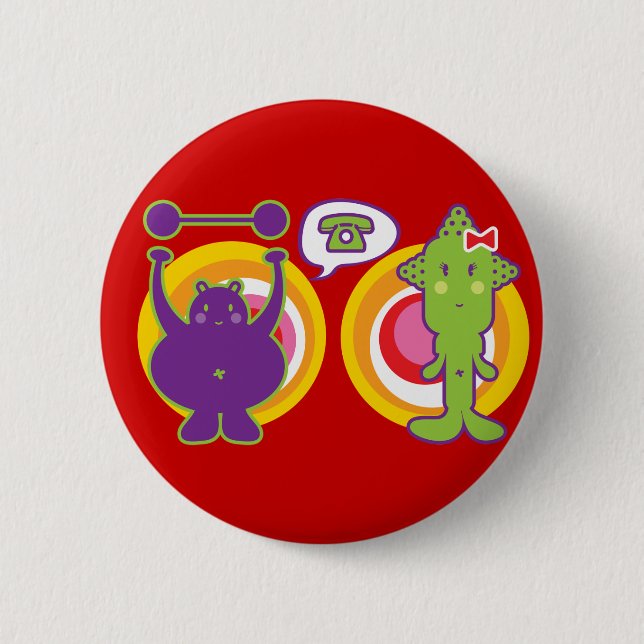 Mr. Purple & Miss Green Cute Cartoon Character 6 Cm Round Badge (Front)