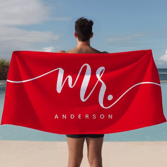 Mr Red And White Newlywed Groom Personalised Beach Towel (Creator Uploaded)